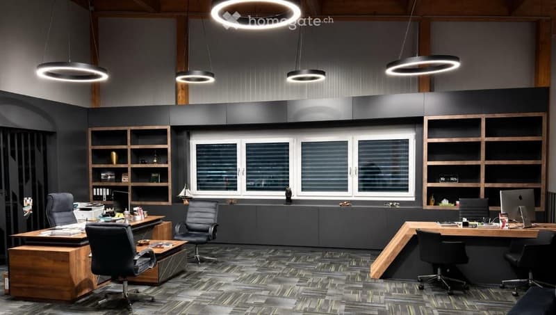 Modern office space with dark wood desks, ergonomic chairs, large windows, and sleek pendant lights.
