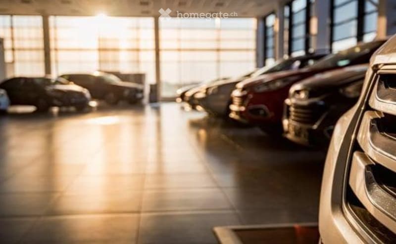 Multiple cars parked in a modern showroom