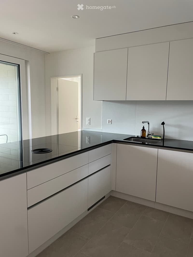 Modern kitchen with white cabinets, black countertops, and a stainless steel sink. Features include an induction cooktop, a bottle on the counter, and a sleek faucet.