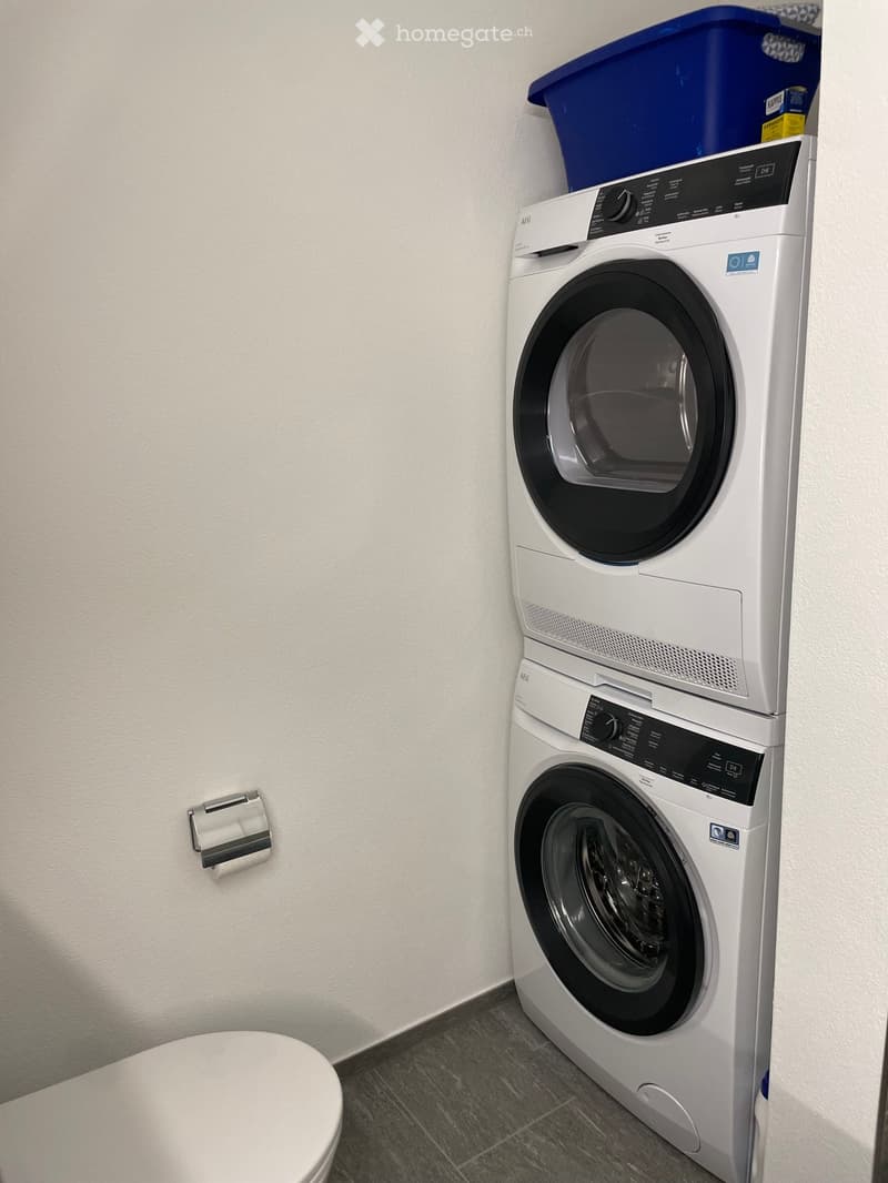 Bathroom with a white washing machine and dryer unit, a toilet, and a paper towel holder on the wall.