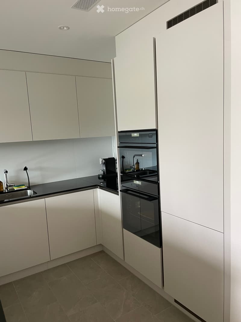 Modern kitchen with white cabinets, black countertop, stainless steel sink, and built-in oven.