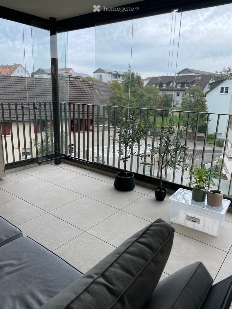 Balcony with tiled floor, glass railing, and view of surrounding houses. Features a grey sofa, small table with potted plants, and additional potted plants.