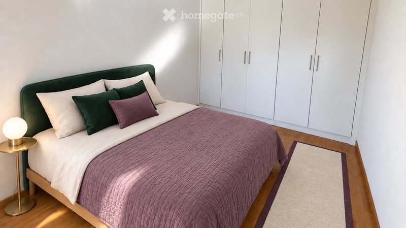 Modern bedroom with a neatly made bed, nightstand, and built-in wardrobes.