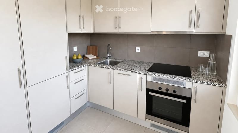 Modern kitchen with white cabinets, granite countertop, stainless steel sink, oven, and induction cooktop.
