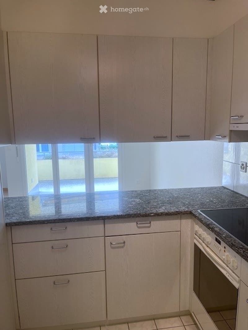 Modern kitchen with light wood cabinets, granite countertop, and built-in oven. Large window provides natural light.