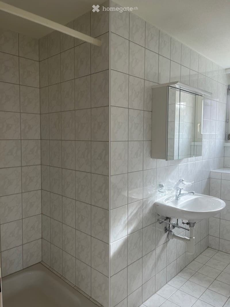 Modern bathroom with marble tiles, white sink, mirror cabinet, and chrome faucet.