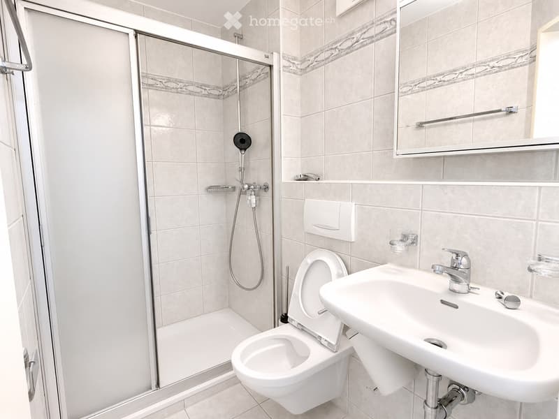 Modern bathroom with white tiles, a glass-enclosed shower, a toilet, a sink with a mirror, and a chrome faucet.