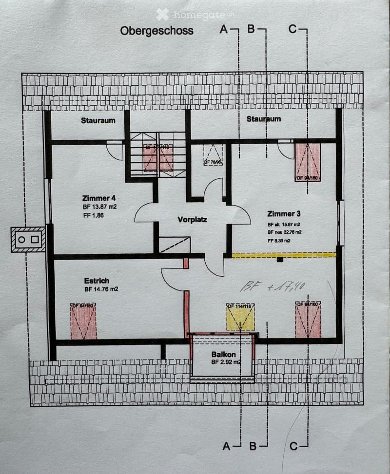 Floor plan of the upper floor showing a hallway, four rooms, and a balcony.