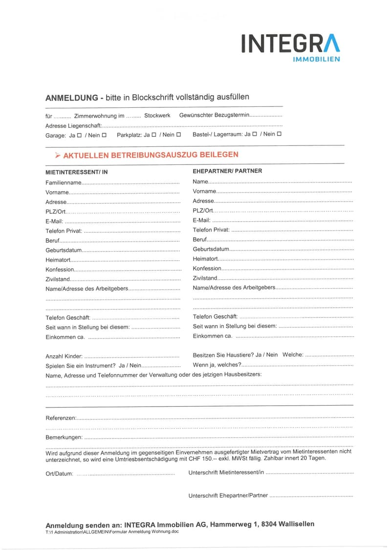 Rental application form from Integra Immobilien AG, includes fields for tenant and partner information, property details, and signature lines.