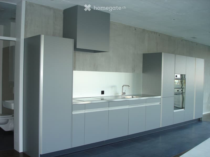 Modern kitchen with grey cabinets, stainless steel sink, faucet, and built-in oven. Concrete walls and dark tiled floor.