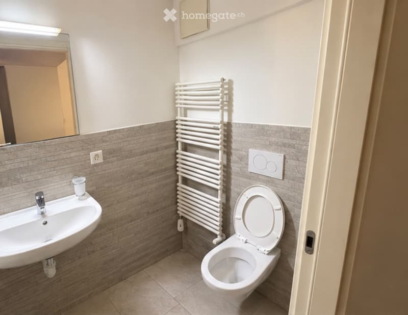 Modern bathroom with a white sink, toilet, radiator, and mirror. The walls are tiled in a light grey pattern, and the floor is tiled in a neutral tone.