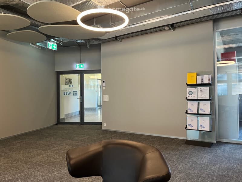 Modern reception area with a brown leather sofa, a glass brochure stand, and a large circular pendant light.