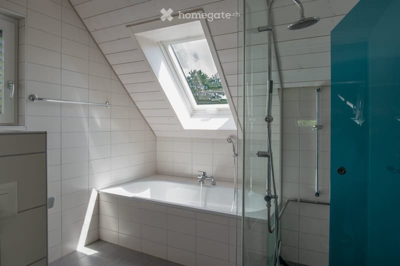 Modern bathroom with a bathtub, glass-enclosed shower, and skylight window allowing natural light to fill the space.