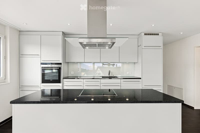 Modern kitchen with white cabinets, black granite countertop, induction cooktop, built-in oven, and stainless steel range hood.