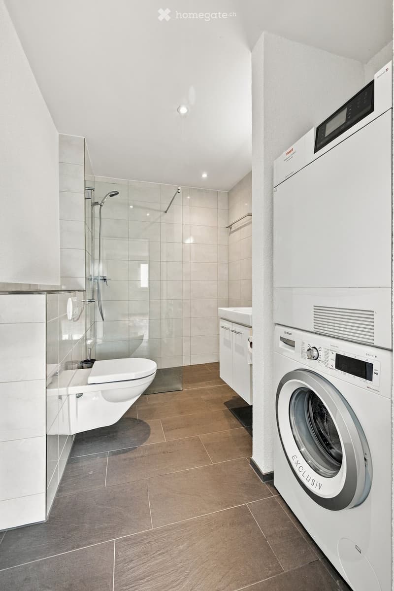 Modern bathroom with a toilet, glass-enclosed shower, washing machine, and sink with cabinets.