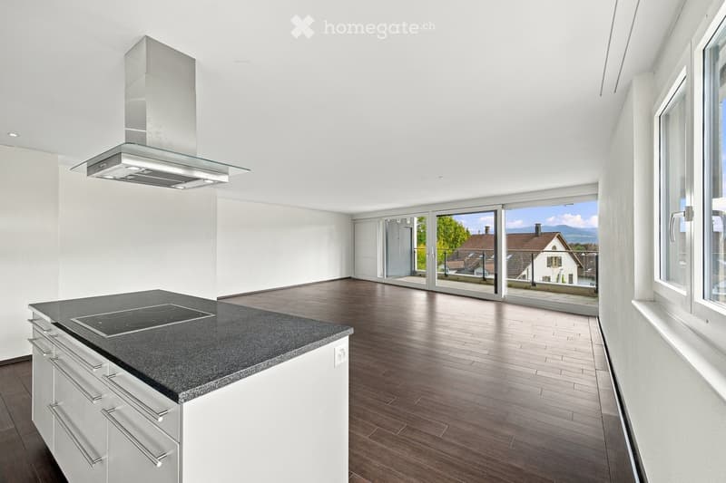 Modern kitchen with white cabinets, dark granite countertop, induction cooktop, and stainless steel range hood. Large windows and sliding glass doors lead to a balcony with a scenic view.