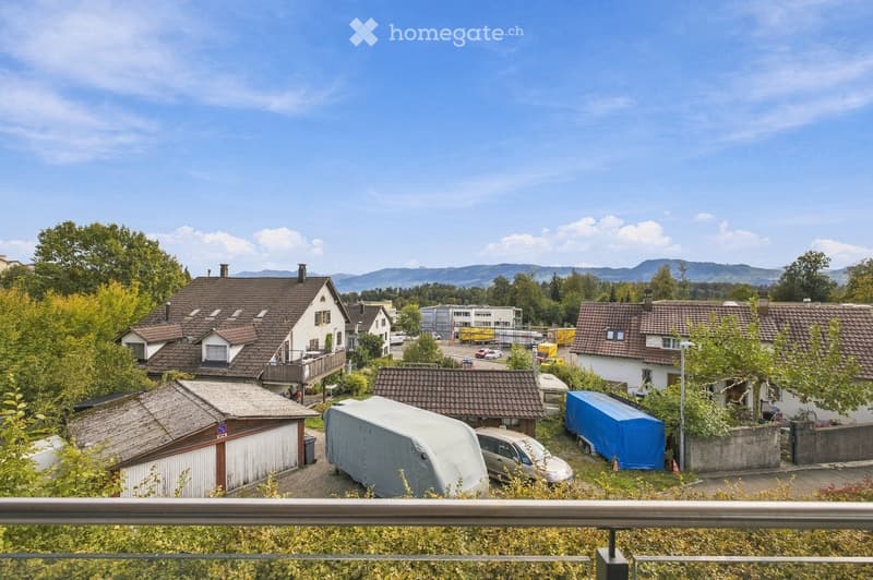 Residential neighborhood with multiple houses, covered vehicles, and distant mountains under a clear sky.