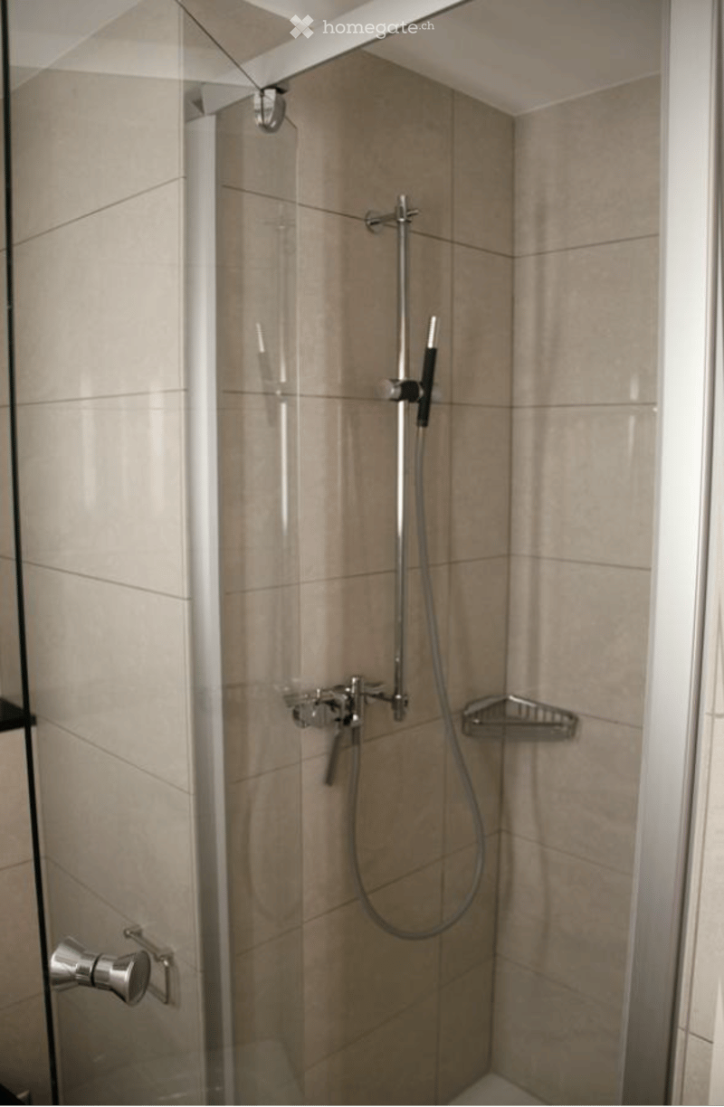 Modern shower with glass enclosure, beige tiles, and a handheld showerhead with adjustable settings.
