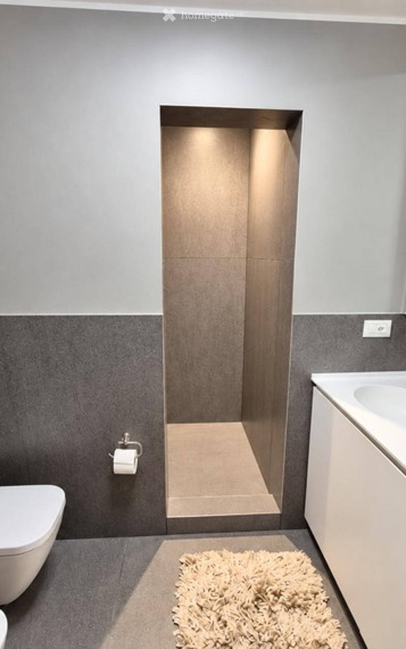 Modern bathroom with grey walls, white toilet, sink, and a small rug in front of the toilet. A toilet paper holder is mounted on the wall.