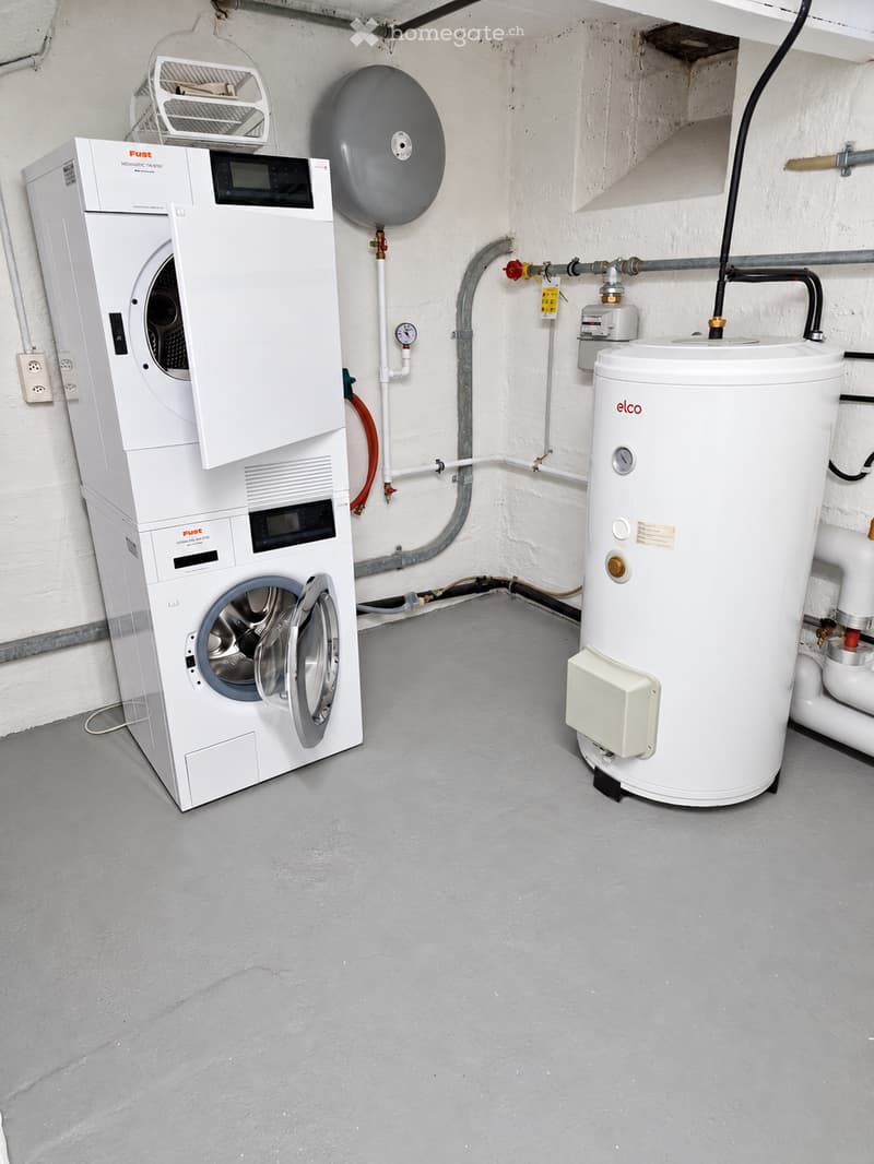 Utility room with a washing machine and water heater, exposed pipes and valves, and a grey concrete floor.