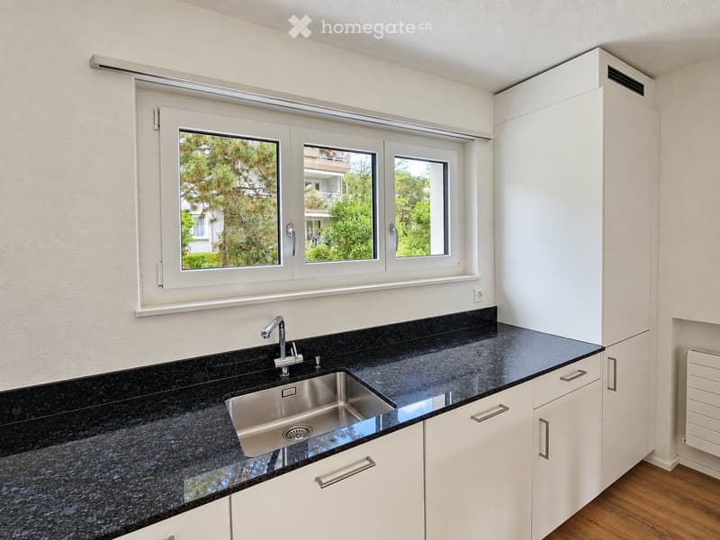 Modern kitchen with white cabinets, black granite countertop, stainless steel sink, and large windows overlooking greenery.