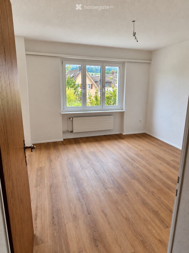 Empty room with wooden flooring, white walls, large window with view, radiator, and visible electrical outlet.