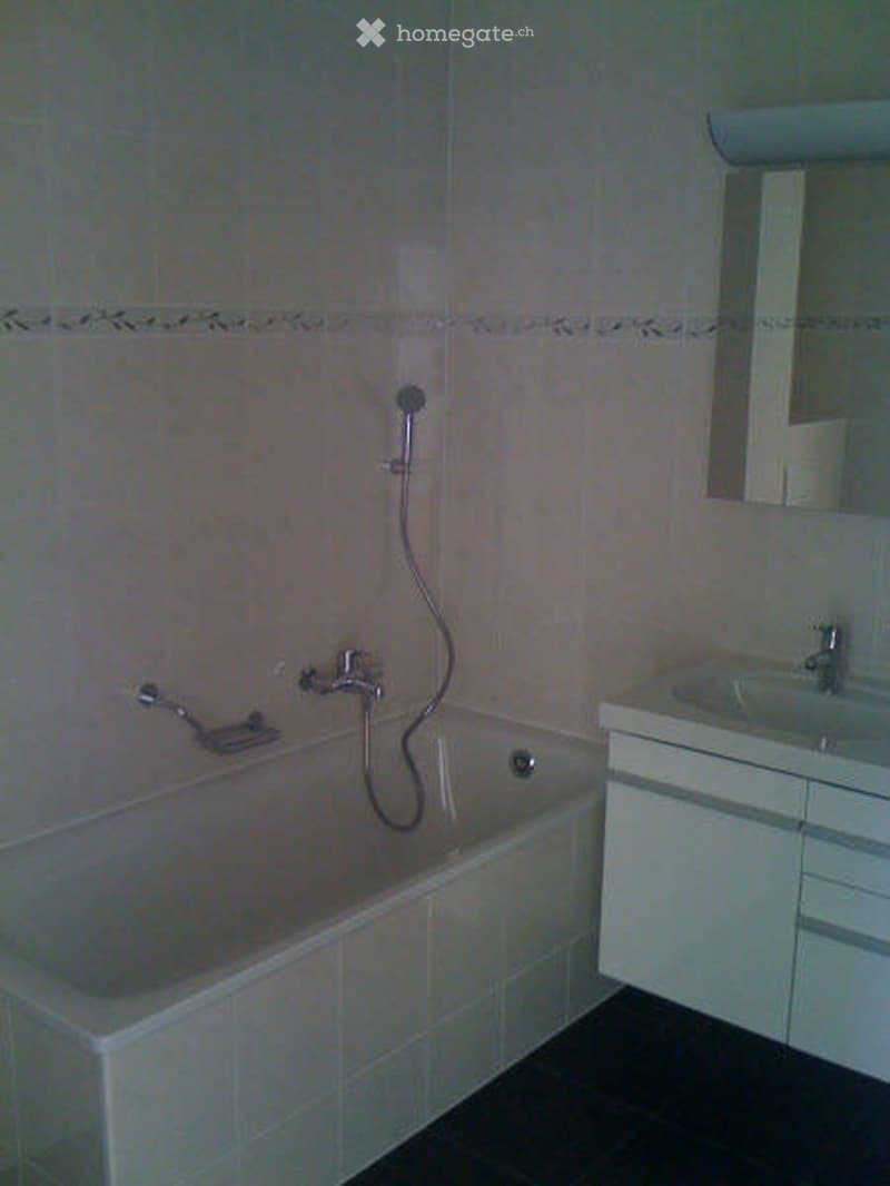 Modern bathroom with a bathtub, shower hose, sink, and cabinet.