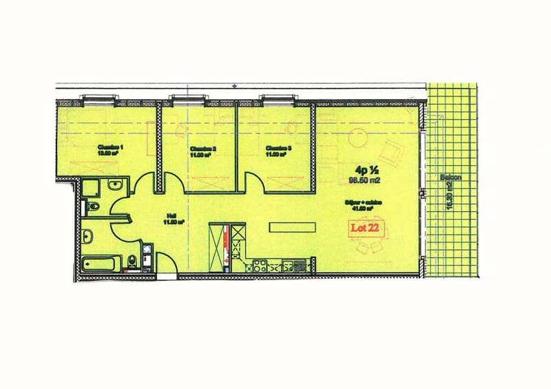Floor plan of a residential unit featuring three bedrooms, a living room, a dining area, a kitchen, and a bathroom.