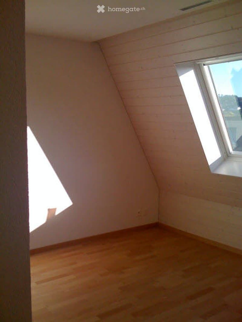 Empty attic room with wooden flooring, slanted ceilings, and two windows allowing natural light.