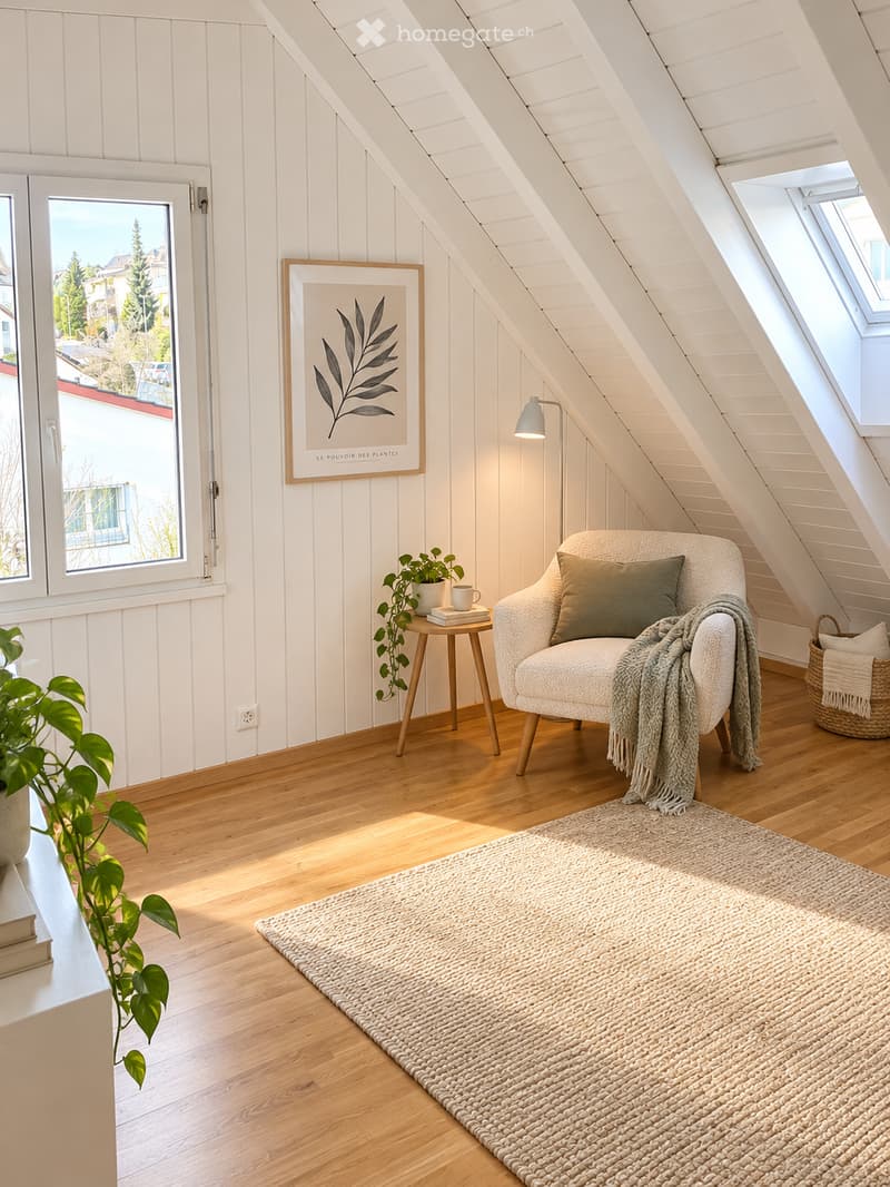 Cozy attic room with wooden floors, white paneled walls, large windows, a cream-colored armchair with a throw blanket, a small side table with a plant and books, a floor lamp, and a woven rug.