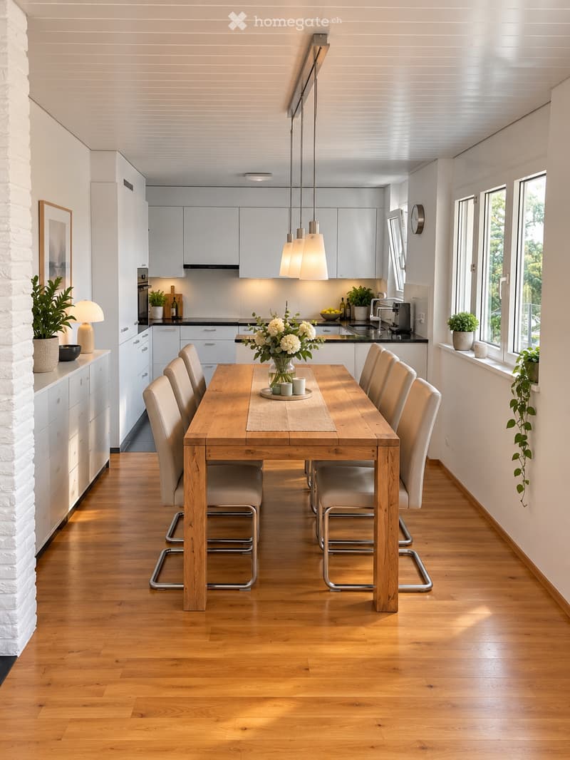Modern kitchen and dining area with light wood flooring, white cabinets, a wooden dining table with six chairs, pendant lights, and decorative plants.