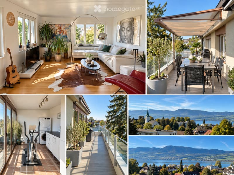 A collage of images showcasing a modern living room with a white sectional sofa, coffee table, floor lamp, and artwork, a balcony with outdoor dining setup, a fitness area with a washing machine and exercise bike, and scenic mountain views.