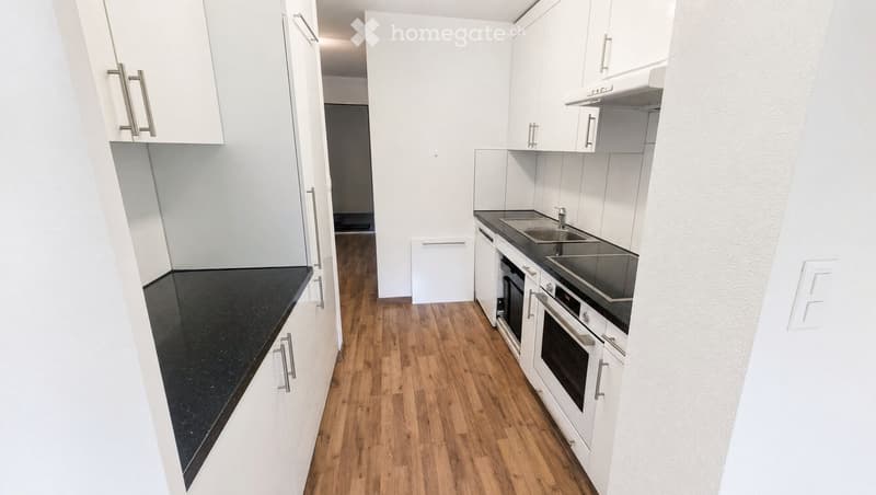 Modern kitchen with white cabinets, black countertops, and wooden flooring. Features a sink, oven, and built-in appliances.