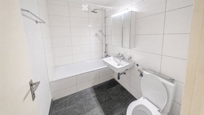 Modern bathroom with white tiled walls, a bathtub, a sink, a toilet, a mirror, and a showerhead.