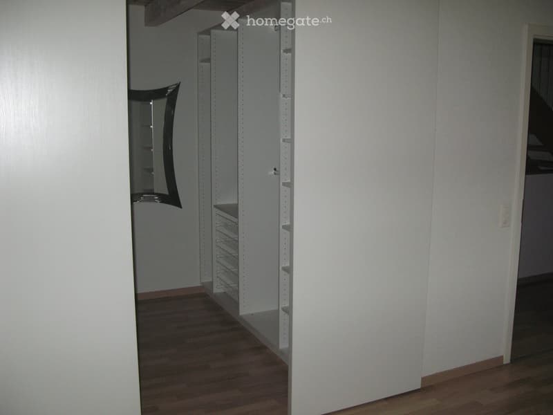 Empty hallway with white walls, wooden flooring, and an open closet with white shelving units and a mirror on the wall.