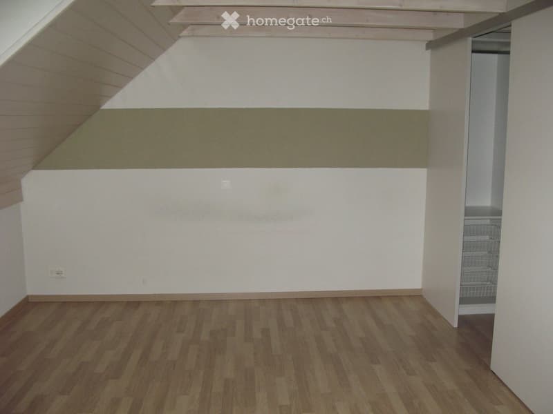 Empty attic room with wooden flooring, white walls, and a small built-in closet with a metal shelf.