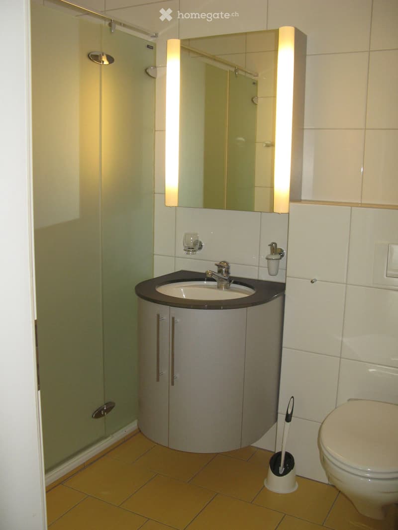 Modern bathroom with a corner sink, mirror with built-in lighting, toilet, and a glass shower enclosure.