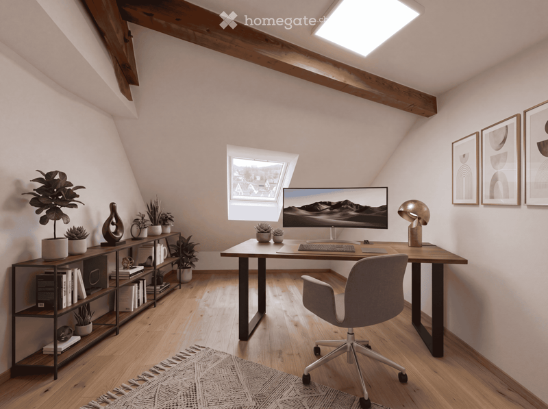 Modern attic office with wooden floors, slanted ceilings, large skylight, and a desk setup with a computer, chair, and decorative plants.