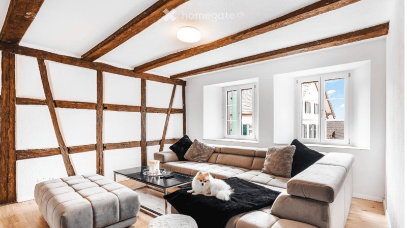 Living room with exposed wooden beams, large windows, grey sectional sofa, coffee table, ottoman, and a small dog sitting on a fur throw.