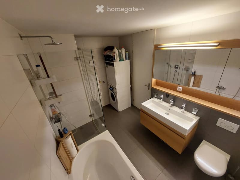 Modern bathroom with a bathtub, double sink, toilet, mirror, and a washing machine in the corner. Features a glass shower enclosure and wooden cabinetry.
