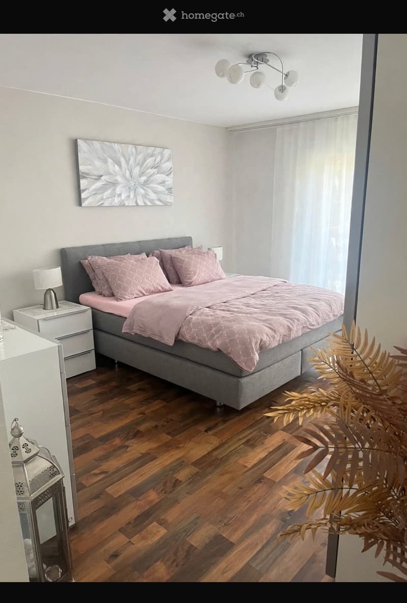 Modern bedroom with wooden flooring, grey bed frame, pink bedding, nightstand with lamp, and decorative lantern on floor.