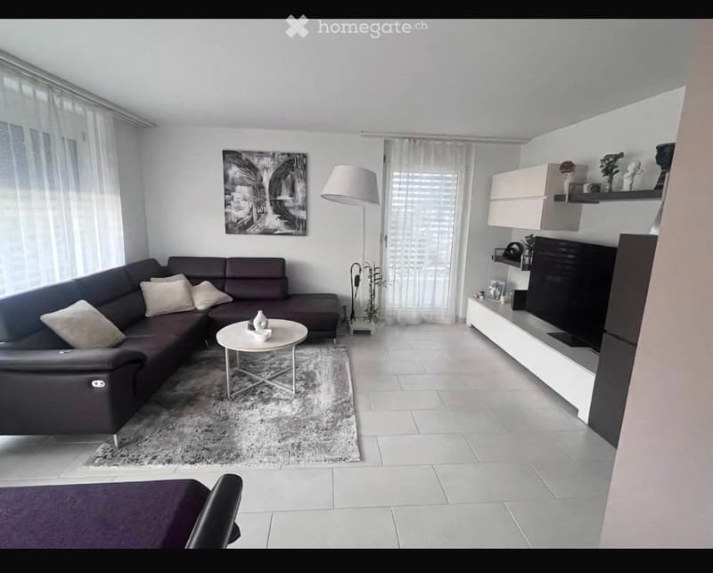 Modern living room with a dark brown sectional sofa, white coffee table, floor lamp, TV stand, and shelves with decorative items.