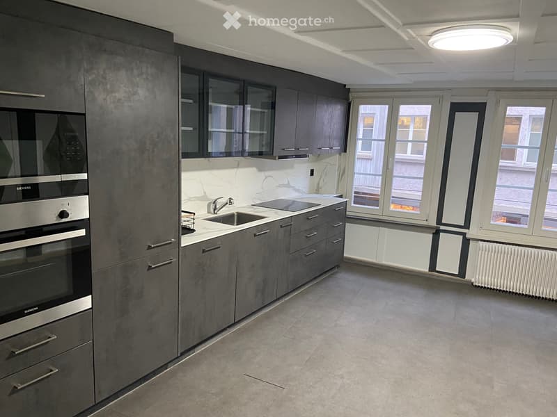 Modern kitchen with grey cabinets, stainless steel oven, sink, and large windows providing natural light.