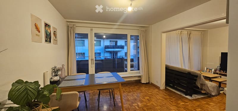 Modern living room with wooden flooring, large windows leading to a balcony, a sofa, a dining table with chairs, and decorative plants.