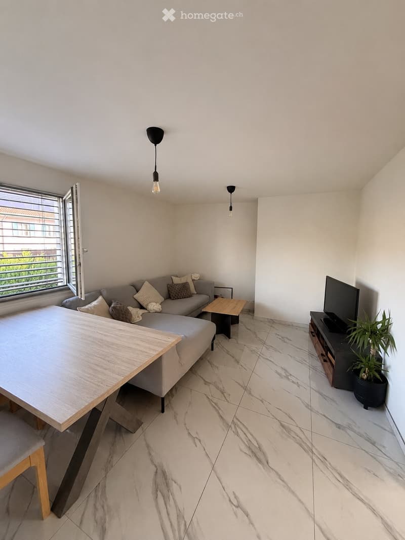 Modern living room with a grey sectional sofa, wooden coffee table, flat-screen TV on a stand, and a potted plant near the window. The room features marble flooring and large windows with blinds.