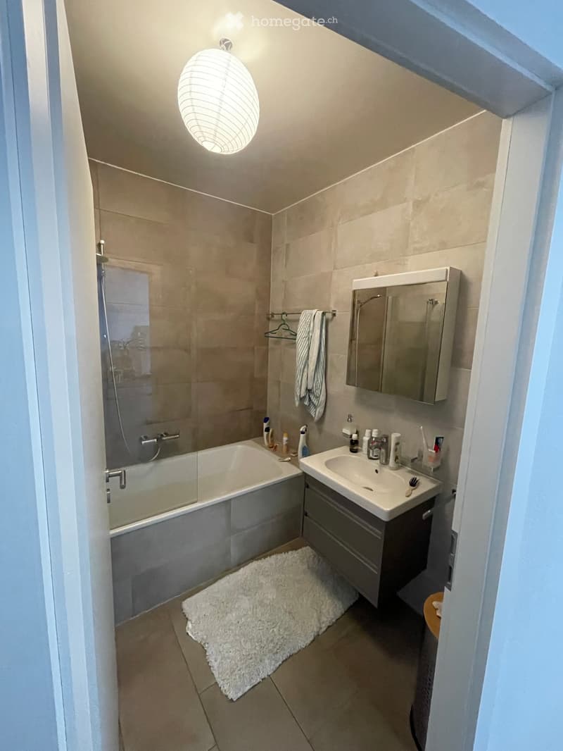 Modern bathroom with a bathtub, sink, mirror, and cabinet. Features a white shaggy rug on the floor and a towel hanging on a rack.