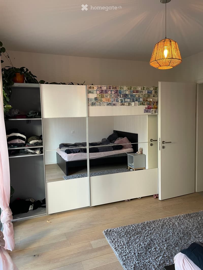Modern bedroom with a lofted bed, white wardrobe, nightstand, potted plant, and a large fluffy rug on the wooden floor.