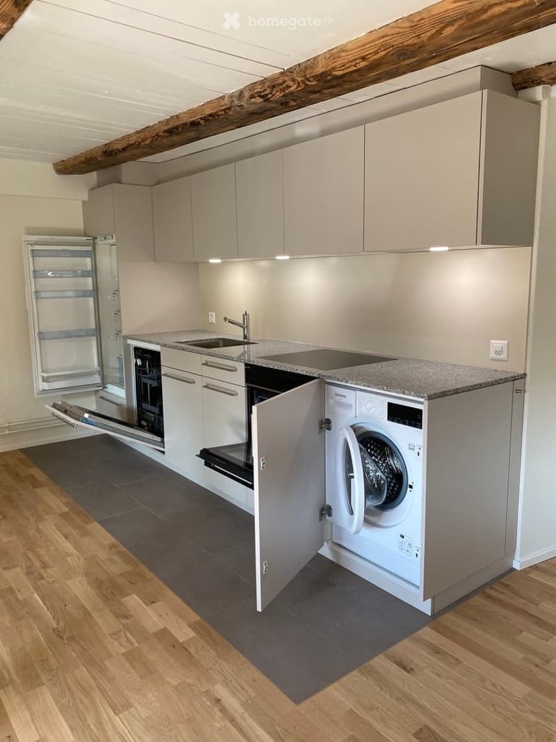 Modern kitchen with white cabinets, granite countertop, stainless steel sink, and integrated appliances including a refrigerator, dishwasher, and washing machine.