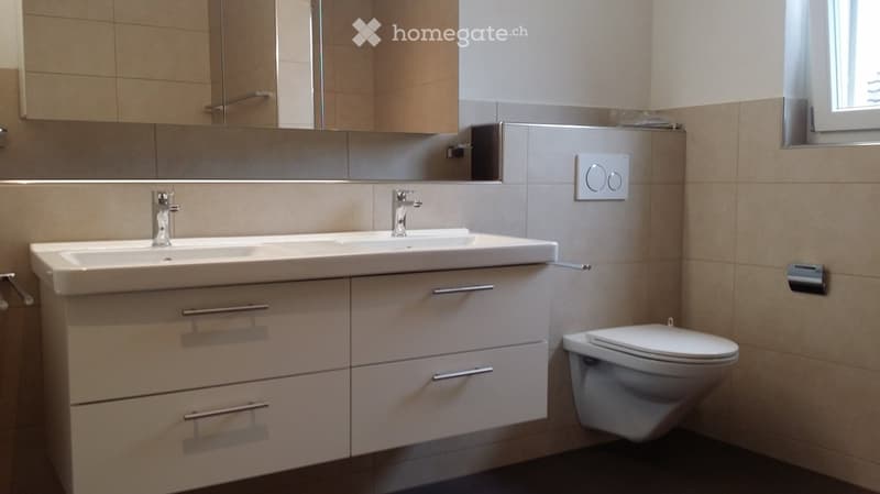 Modern bathroom with a double sink, chrome faucets, a built-in cabinet, and a toilet. Light-colored tiles and a large mirror are visible.