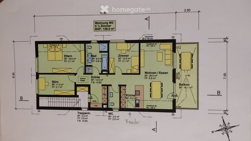 Floor plan of a 4.5-room apartment with labeled rooms including living/dining area, kitchen, bedroom, bathroom, balcony, and entrance.